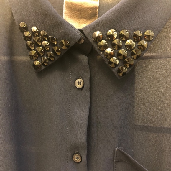 Navy Sheer embellished button up collared shirt - Picture 2 of 4
